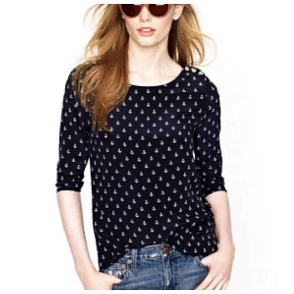 J. Crew Navy Nautical Anchor Print Blouse, 100% Silk, Size 6